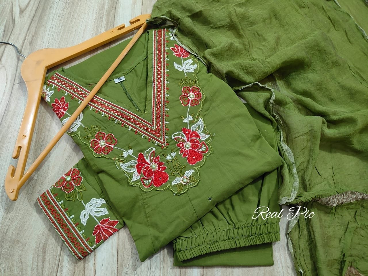 Green Cotton Anarkali Suit Set with Mirror Work
